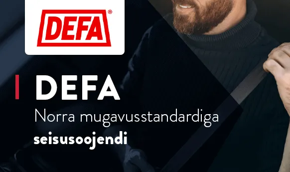 Mees turvavööga autos, taustal tekst „DEFA Norra mugavusstandardiga seisusoojendi”.