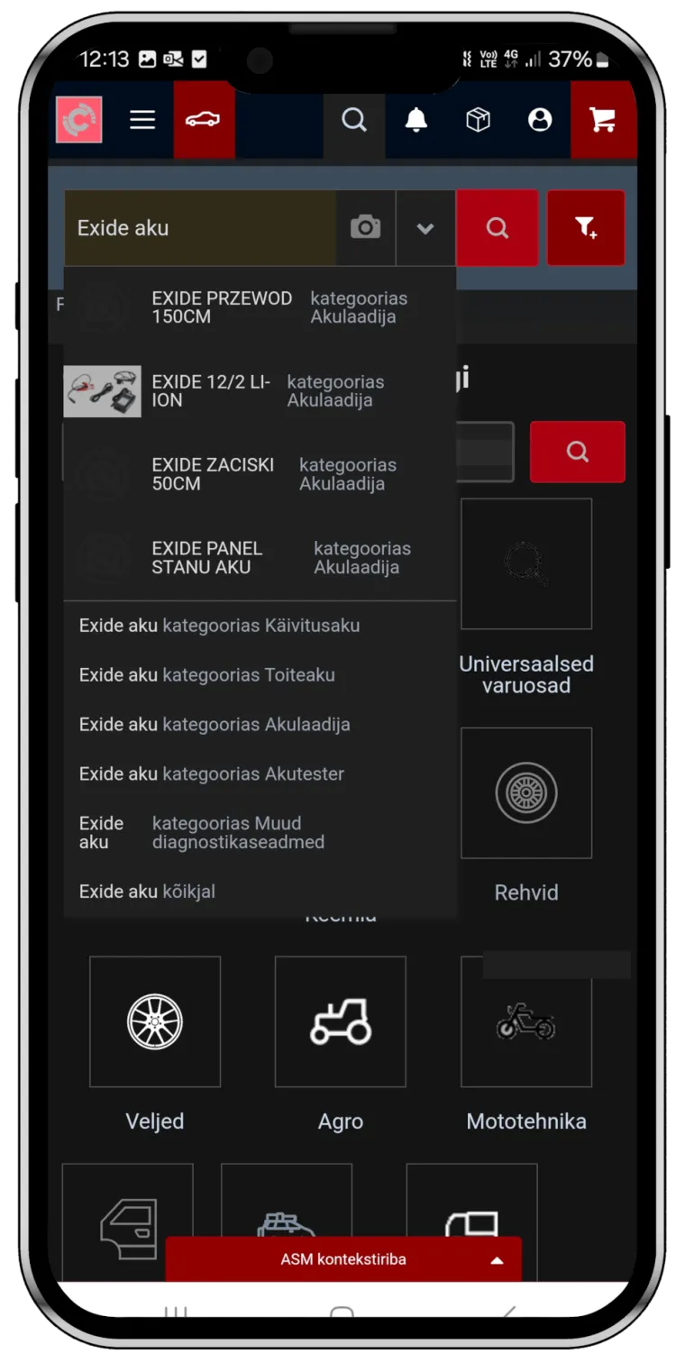 Nutitelefoni ekraan Exide akude ja tarvikute otsingu ja kategooriatega