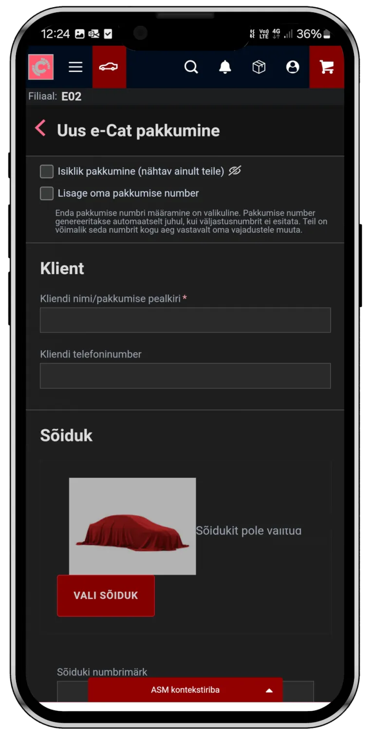 Nutitelefoni ekraan uue e-Cat pakkumise ja sõiduki valiku liidesega