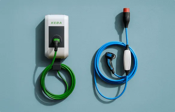 Ładowarki do aut elektrycznych – stacja KEBA z zielonym kablem i niebieski przewód z końcówkami