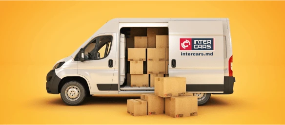 Intercars Delivery Van Loaded with Packages A delivery van from Intercars.md with an open door, showcasing stacked boxes inside and some boxes on the ground.