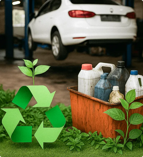 Recykling w warsztacie samochodowym z pojemnikami na olej i roślinami.