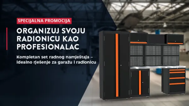 Promotivni baner za crno-narandžasti radionički namještaj s tekstom