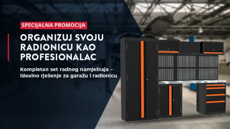 Promotivni baner za crno-narandžasti radionički namještaj s tekstom