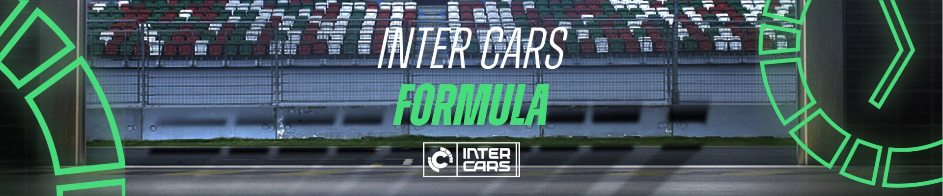 Inter Cars Formula versenypálya Inter Cars Formula logó és versenypálya háttér, üres nézőtérrel.