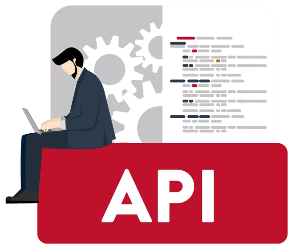A person working on a laptop with an icon in the background representing an API service.