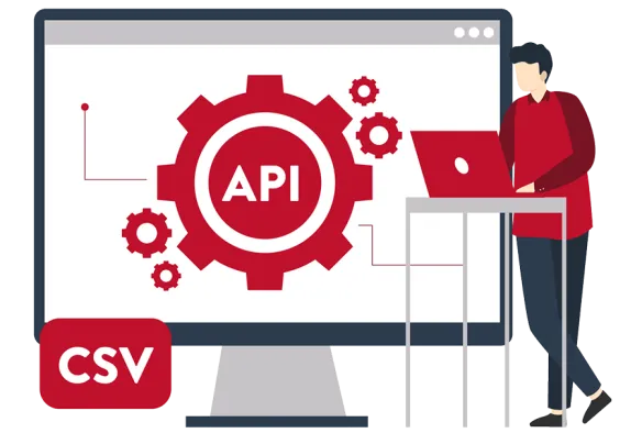 A person working on a laptop with an icon in the background representing an API service.