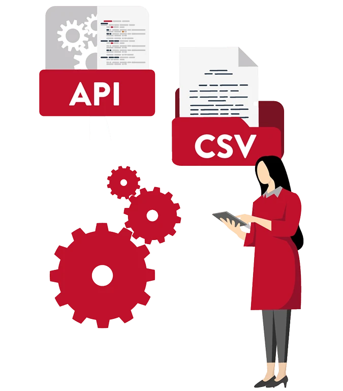 A person working on a mobile device with API and CSV icons in the background
