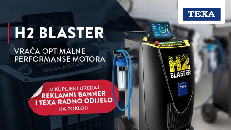 H2 Blaster uređaj za optimizaciju performansi motora sa reklamnim bannerom i poklonom.