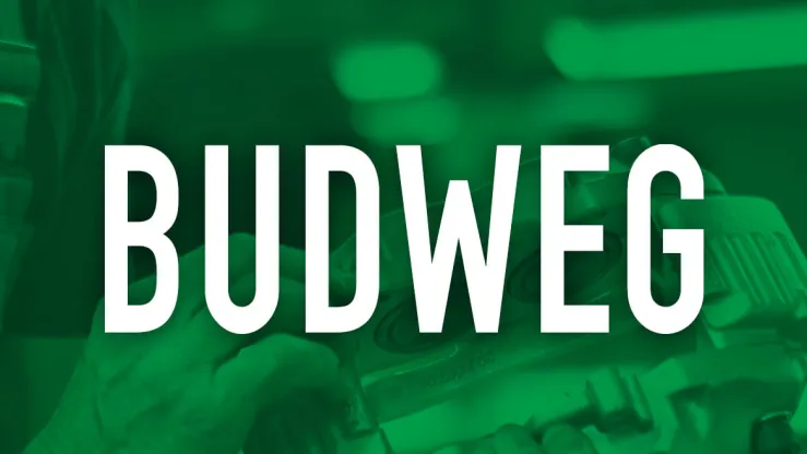 Logo Budweg z białymi literami na zielonym tle, przedstawiające markę w kontekście przemysłowym.