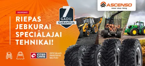 Raksts par Ascenso riepu 7 gadu garantiju specializētai tehnikai, attēlā redzami traktori un celtniecības mašīnas.