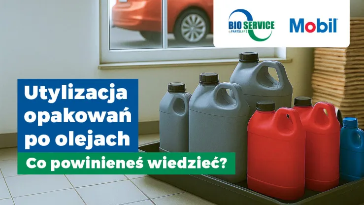Zbiór kolorowych pojemników po olejach w pomieszczeniu, z napisem o utylizacji. Utylizacja opakowań po olejach