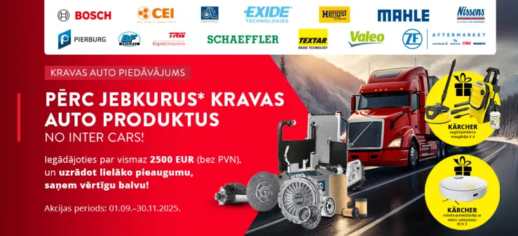 Akcija par kravas auto produktiem no Inter Cars ar piedāvājumu un balvām.