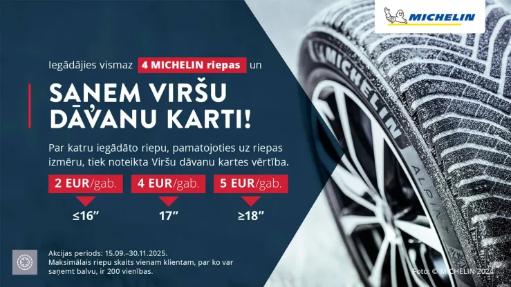 Michelin riepu akcija ar dāvanu kartes piedāvājumu un riepu izmēru informāciju.