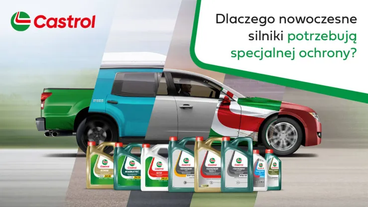Reklama Castrol z różnymi olejami silnikowymi i samochodami, podkreślająca potrzebę ochrony silników.