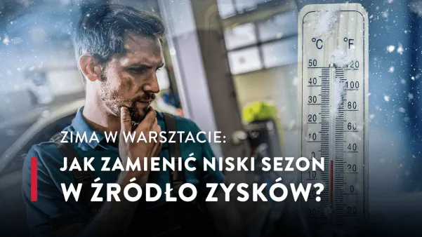 Mężczyzna w warsztacie z termometrem, który pokazuje zimową temperaturę.