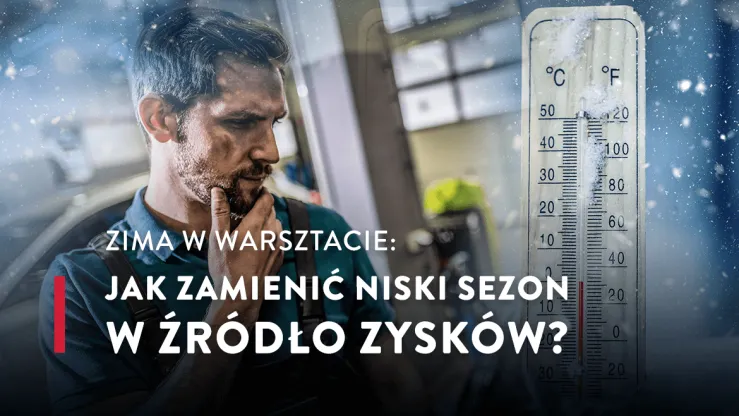 Mężczyzna w warsztacie z termometrem, który pokazuje zimową temperaturę.