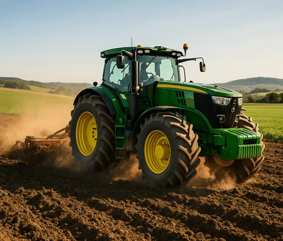 Zaļš traktors apstrādā lauku zemi, radot putekļus saulainā dienā.