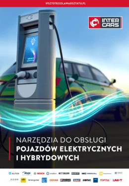 Stacja ładowania pojazdów elektrycznych z napisem o narzędziach do obsługi hybryd.