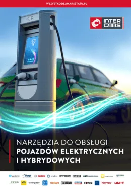 Stacja ładowania pojazdów elektrycznych z napisem o narzędziach do obsługi hybryd.