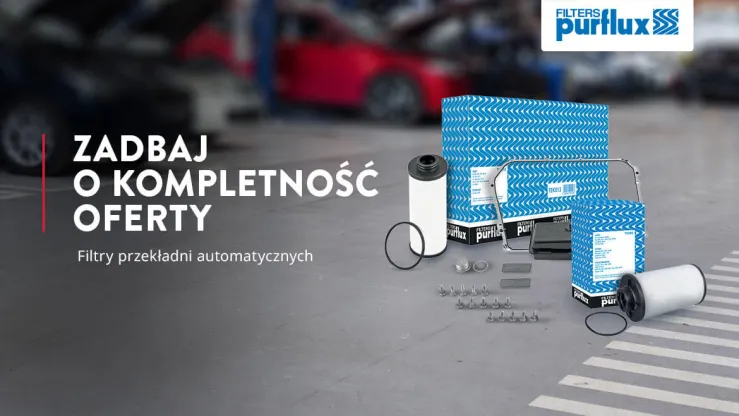Zestaw filtrów przekładni automatycznych Purflux na tle warsztatu samochodowego.