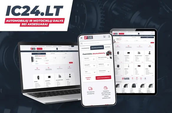 Ekrano nuotrauka su IC24.LT svetainės dizainu, siūlančia automobilių ir motociklų dalis.