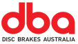 Logo DBA przedstawiające nazwę Disc Brakes Australia w kolorze czerwonym.