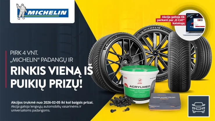 Reklama apie Michelin padangas, siūlanti puikius prizus perkant 4 vnt. padangų.