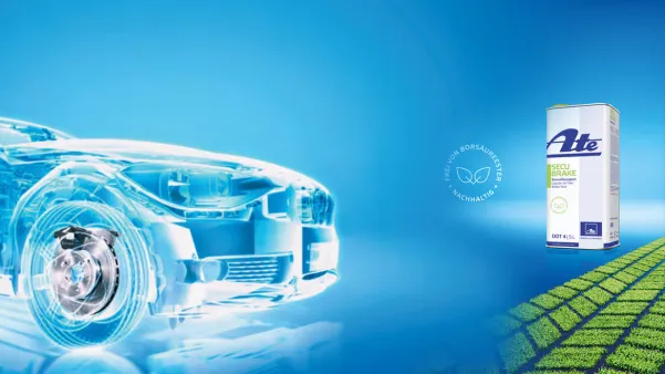 Ate Secu Brake skystis šalia skaidraus automobilio vaizdo.