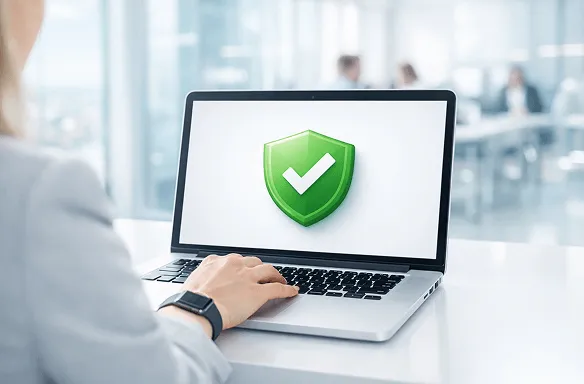 Γυναίκα χρησιμοποιεί laptop με πράσινο σήμα ασφάλειας στην οθόνη.