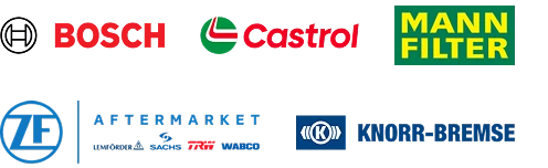 Logotipi blagovnih znamk Bosch, Castrol, Mann Filter, ZF Aftermarket in Knorr-Bremse.
