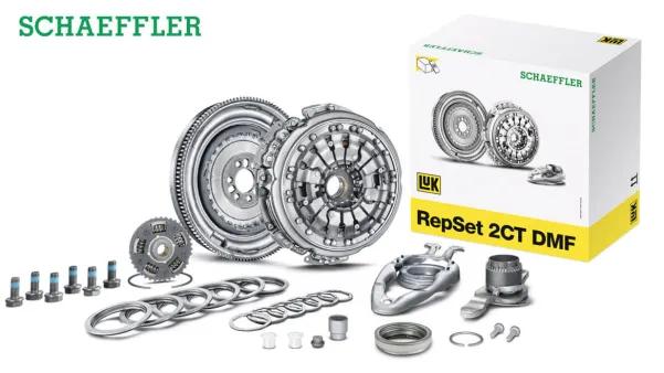 Schaeffler RepSet 2CT DMF komplektas su automobilių dalimis ir pakuote.