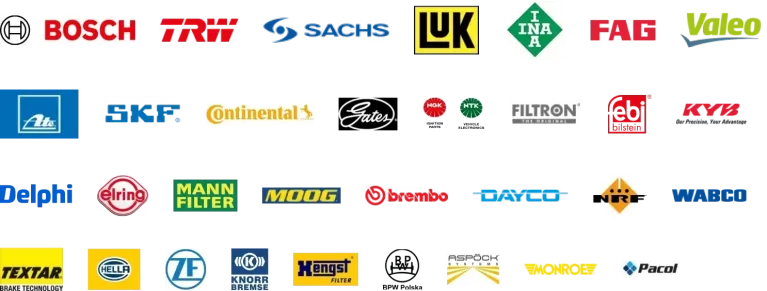 Automotive Parts Brand Logos Collage of automotive parts brand logos including Bosch, TRW, and SKF.