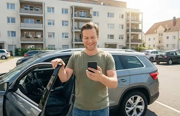 Mężczyzna trzymający telefon przy otwartym samochodzie na parkingu.