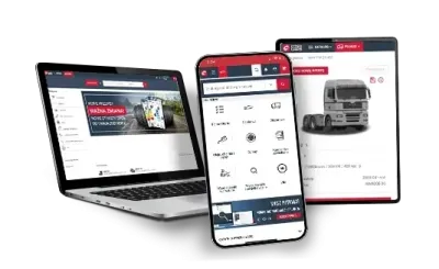 Interfejs aplikacji na laptopie i smartfonie Widok interfejsu aplikacji na laptopie i smartfonie z informacjami o pojazdach.
