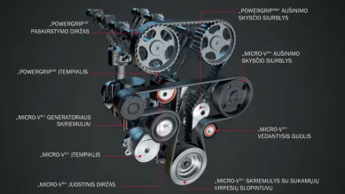 Automobilio variklio komponentų schema su pavadinimais, įskaitant diržus ir skriemulius.