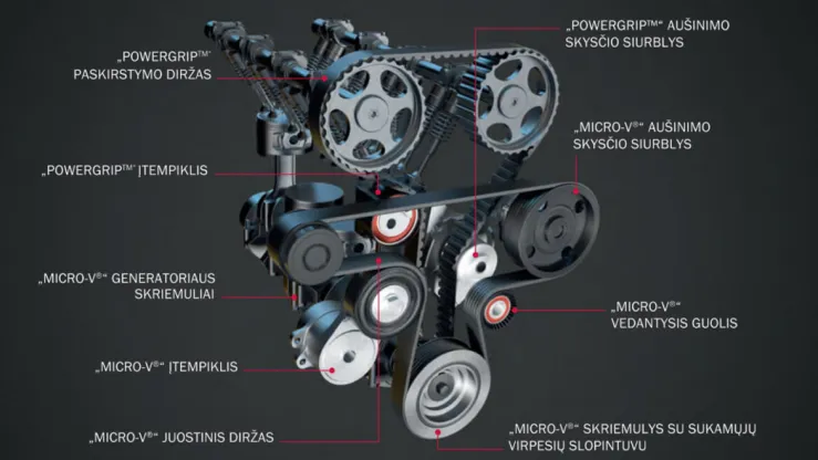 Automobilio variklio komponentų schema Automobilio variklio komponentų schema su pavadinimais, įskaitant diržus ir skriemulius.