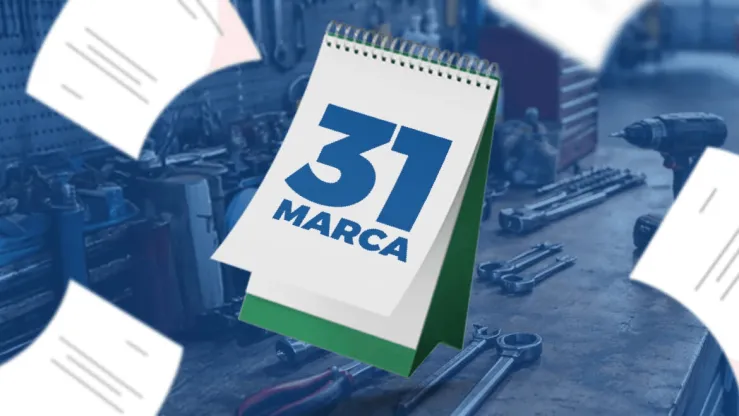 Kalendarz z datą 31 marca na tle narzędzi w warsztacie