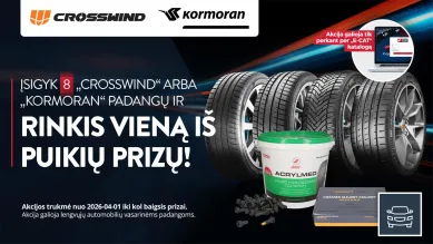 Reklama apie Crosswind ir Kormoran padangas su prizais ir akcijos informacija.
