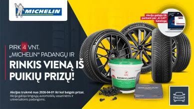 Michelin padangų reklama su prizais, akcija galioja iki 2026-04-01.