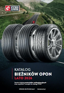 Okładka katalogu Inter Cars z bieżnikami opon na lato 2026, z widokiem na drogę i góry.