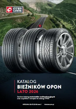 Okładka katalogu Inter Cars z bieżnikami opon na lato 2026, z widokiem na drogę i góry.