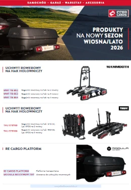 Plakat z nowymi produktami Inter Cars na sezon wiosna/lato 2026, w tym uchwyty rowerowe i platformy bagażowe.