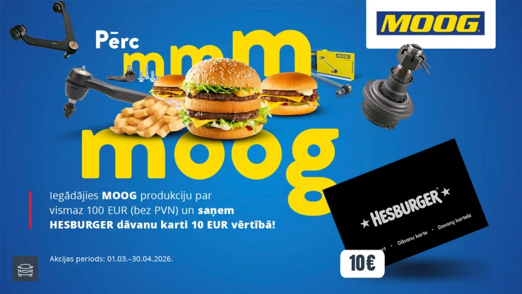 MOOG produktu reklāma ar hamburgeriem un Hesburger dāvanu karti 10 EUR vērtībā.