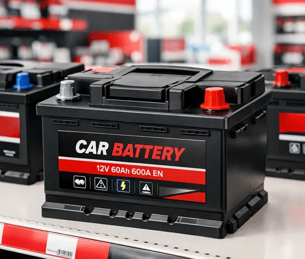 Bateri makine me performancë të lartë për shitje Një pamje e afërt e një baterie makine të etiketuar 'BATERIA E MAKINËS' me specifikimet 12V 60Ah 600A EN, e shfaqur në një raft me pakicë.