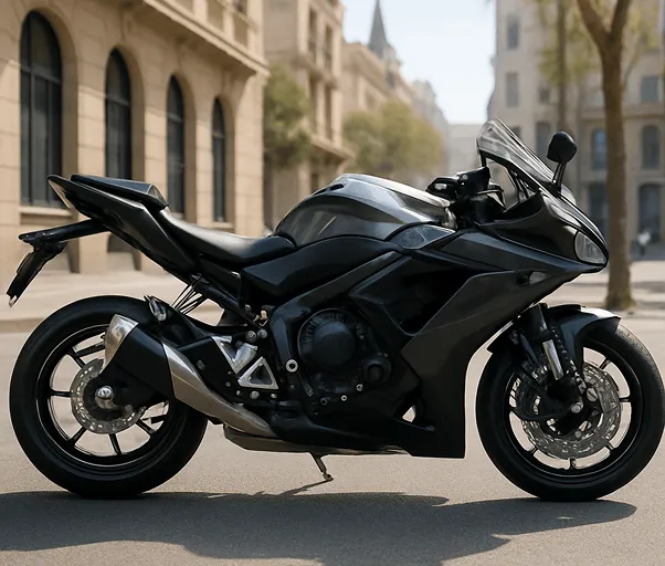 Motoçikleta e zezë e hijshme e parkuar në rrugën e qytetit Një motoçikletë moderne e zezë e parkuar në një rrugë të qytetit me ndërtesa historike në sfond.