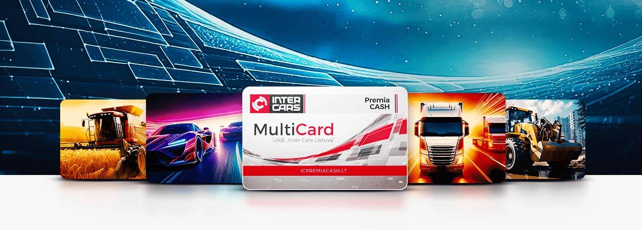 "Inter Cars MultiCard" rodoma su transporto priemonių ir mašinų vaizdais.