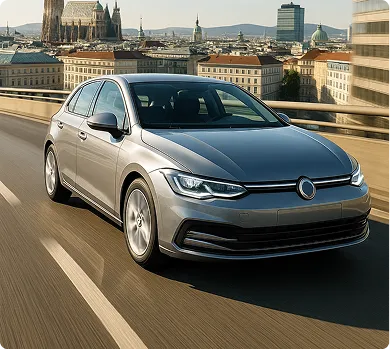 Sudraba automobilis brauc pa ceļu ar pilsētas ainavu fonā.