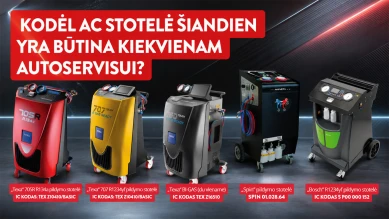 Įvairios kintamosios srovės serviso mašinos, rodomos automobilių remontui, demonstruojant modelius ir funkcijas.