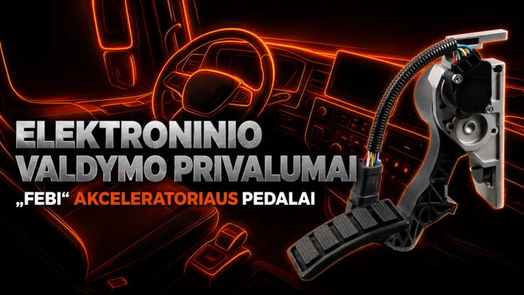 FEBI elektroninio akceleratoriaus pedalo apžvalga FEBI elektroninio akceleratoriaus pedalo stambiu planu su automobilio salono fonu.